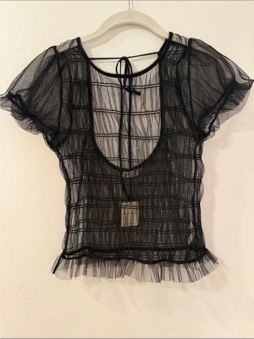 Free People Black Sheer Ruffle-Trim Short Sleeve Top
